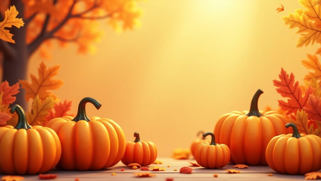 “A vibrant fall-themed website banner with pumpkins, autumn leaves, and cozy warm tones, cinematic Pixar 3D style, horizontal 16:9.”