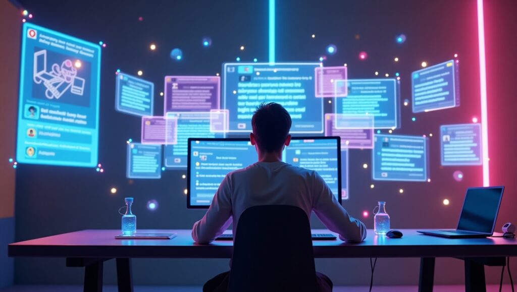“A futuristic content creator sitting at a desk surrounded by holographic screens showing blogs transforming into social media posts, cinematic Pixar-style 3D, horizontal 16:9.”