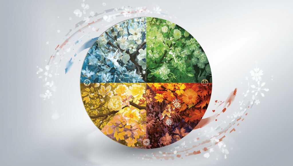 “A rotating wheel showing four seasons (winter, spring, summer, fall) with matching color palettes and branding icons, Arcane painterly style, horizontal 16:9.”