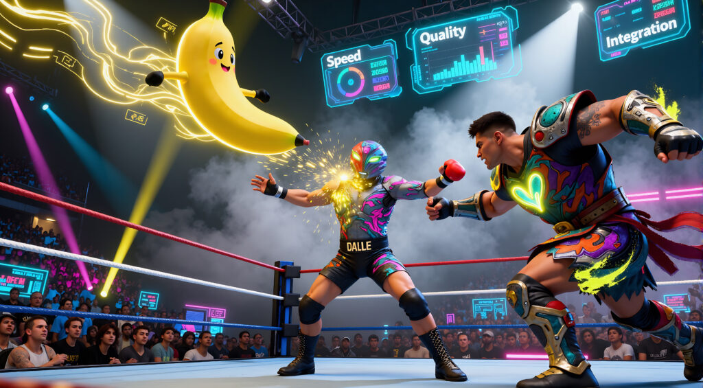 “Side-by-side comparison chart of Nano Banana, DALL·E, and MidJourney, with visuals showing speed, quality, and integration, cinematic infographic style, horizontal 16:9.”