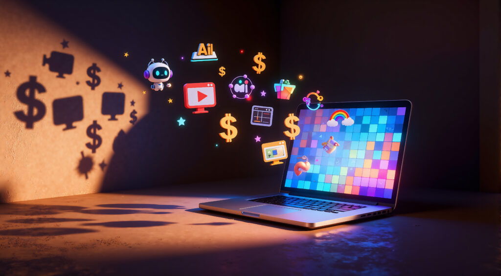“A laptop glowing in a dark room with dollar signs and creative digital icons (AI, video editing, websites) floating around, Pixar-style 3D, cinematic lighting, horizontal 16:9.”