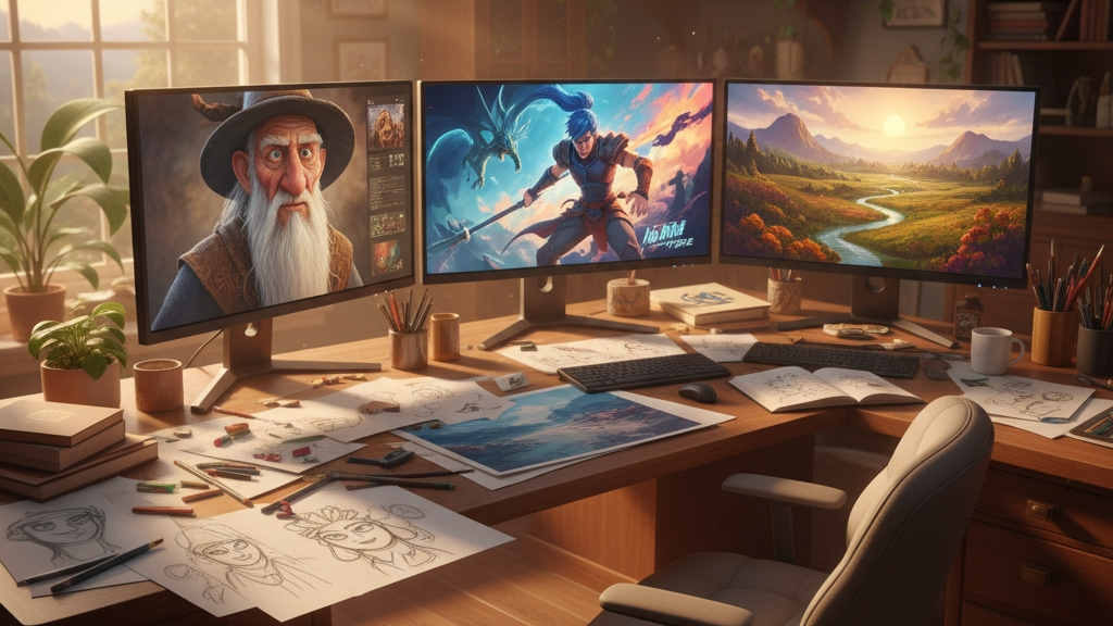 “A designer’s workstation with sketches, screens showing different AI-generated artworks (photorealistic, anime, painterly), cinematic Pixar-style 3D, horizontal 16:9.”
