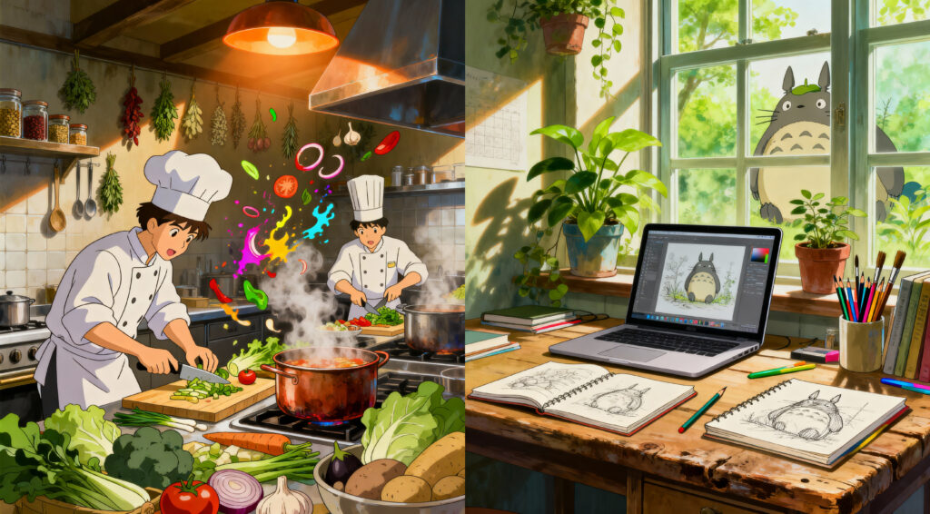 “A split-screen image showing one side: a busy kitchen with chefs and chaos; other side: a calm home office with plants, laptop, and creative tools, Ghibli style, horizontal 16:9.”