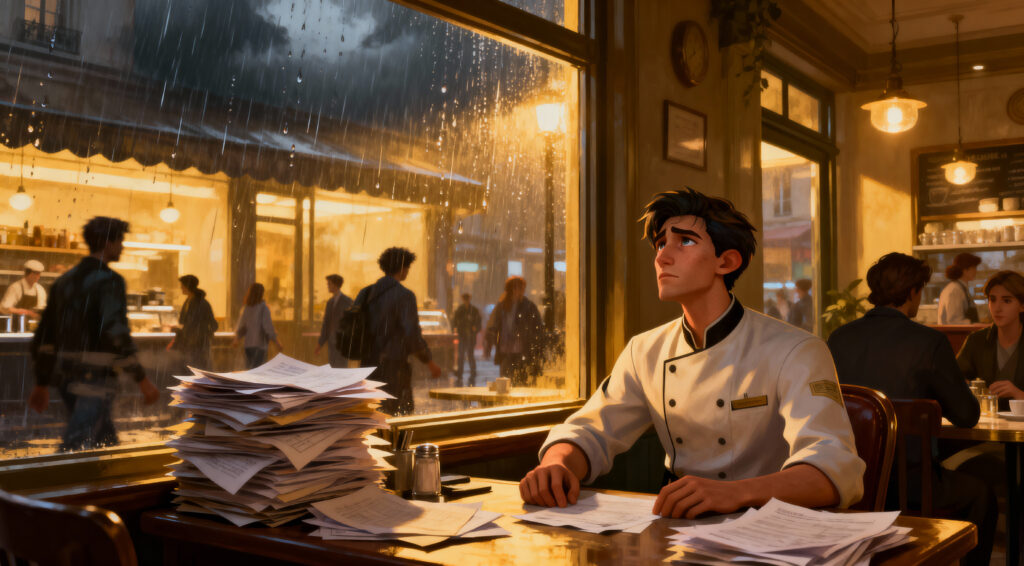 “An exhausted restaurant manager in uniform looking out a café window, papers stacked on the desk, feeling trapped, cinematic Arcane 3D painterly style, horizontal 16:9.”