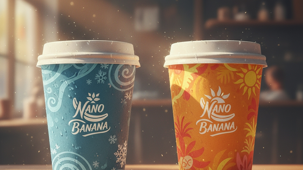 “Seasonal coffee cup mockups with winter and summer themes designed using Nano Banana, photorealistic detail with branded logo placement, Arcane painterly style, horizontal 16:9.”