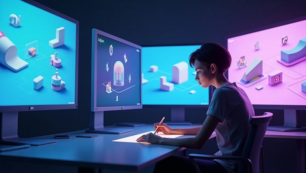 “A futuristic design studio with glowing screens showing different AI tools (logos of Google, Adobe, Leonardo AI) assisting a designer at work, Pixar-style 3D, horizontal 16:9.”