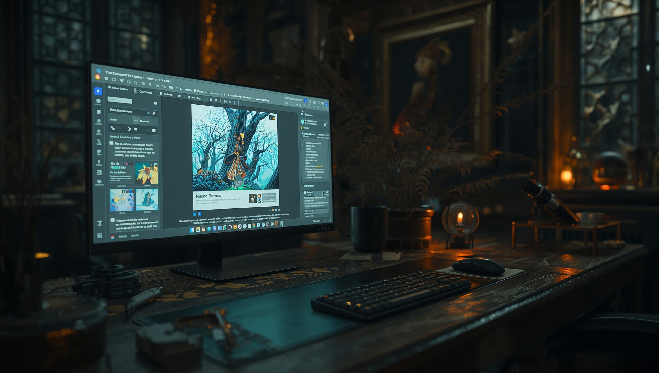 “A digital workspace where Nano Banana integrates into Google Docs, showing a sidebar with AI-generated seasonal templates, Arcane painterly style, horizontal 16:9.”