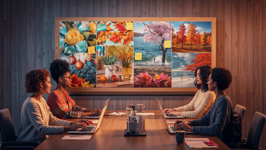“An AI-generated image of a marketing team brainstorming seasonal campaigns with mood boards showing spring, summer, fall, and winter themes, Arcane-style painterly 3D, horizontal 16:9.”